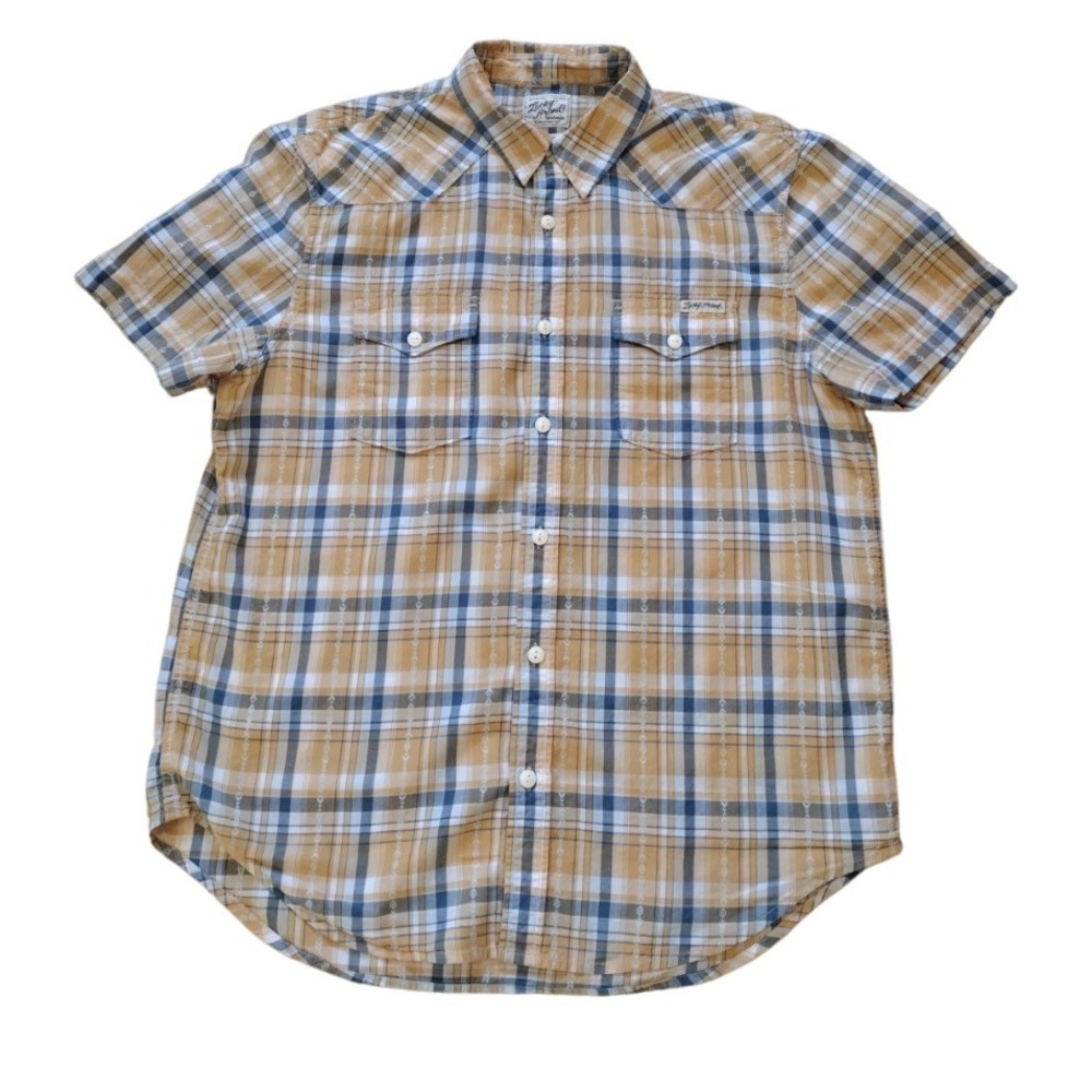 LUCKY‎ BRAND Button Up Shirt Mens Large Yellow Gray Plaid Western Short Sleeve